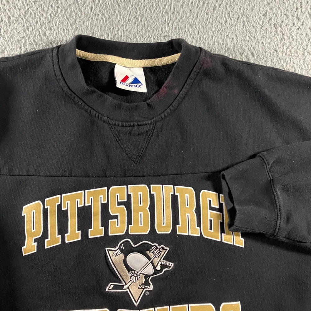 Vtg 90s Majestic Pittsburgh Penguins Crewneck Sweatshirt 2XL Black Gold Graphic